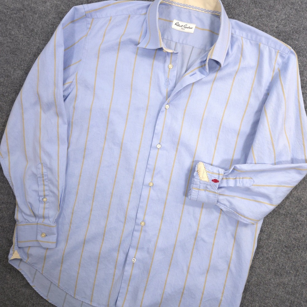 Robert Graham Shirt Mens 2XL Blue Striped Flip Cuff Long Sleeve Button Up Casual